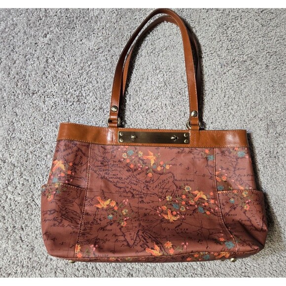 Patricia Nash Ria Coated Tote Floral Map Print Patnia Europe Maps Brown - Picture 1 of 11